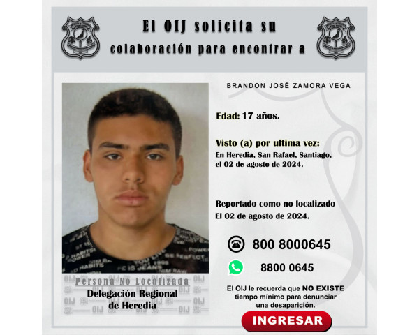 No localizado OIJ Heredia: Brandon José ...