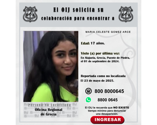 No localizada OIJ Grecia: María Celeste ...