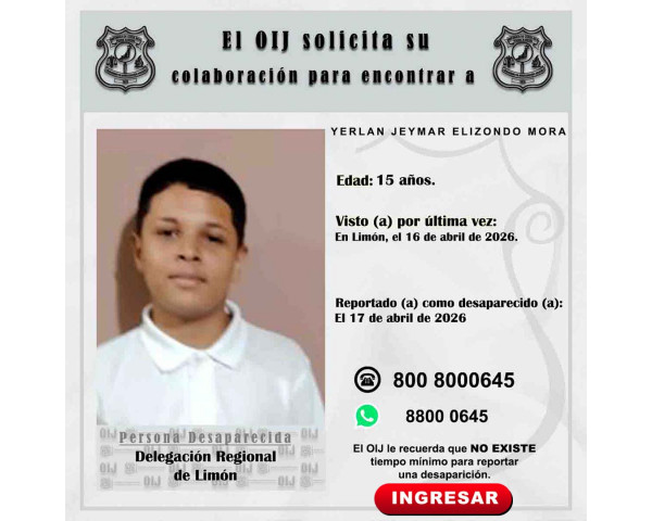 Desaparecido OIJ Limón: Yerlan Jeymar ...