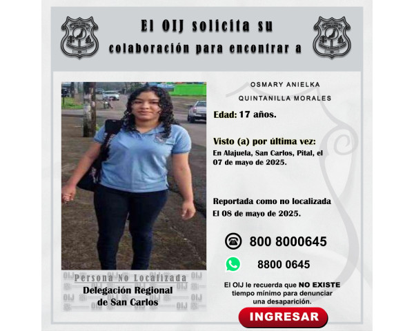 No localizada OIJ San Carlos: Osmary ...