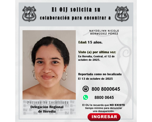 No localizada OIJ Heredia: Naydelinn ...