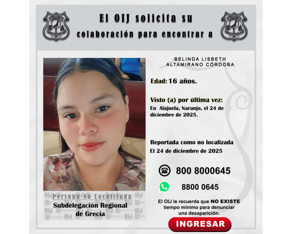 No localizada OIJ Grecia: Belinda ...