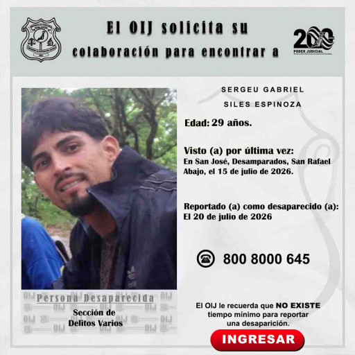 Desaparecido OIJ San José: Sergeu Gabriel Siles Espinoza