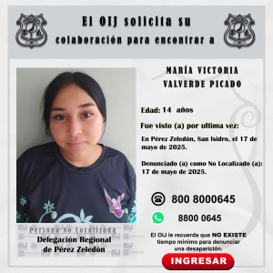 No localizada OIJ Pérez Zeledón: María Víctoria Valverde Picado