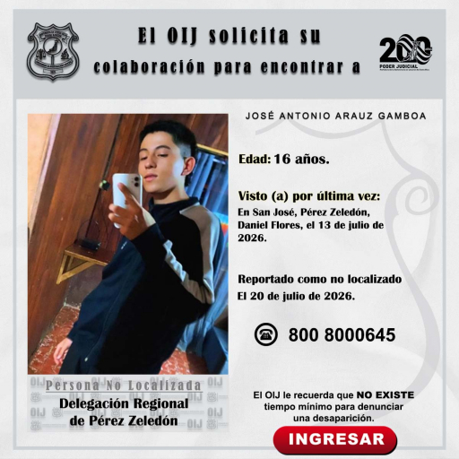 No localizado OIJ Pérez Zeledón: José Antonio Arauz Gamboa
