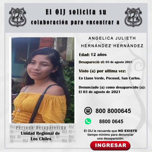 Desaparecida OIJ Los Chiles: Angelica Julieth Hernández Hernández