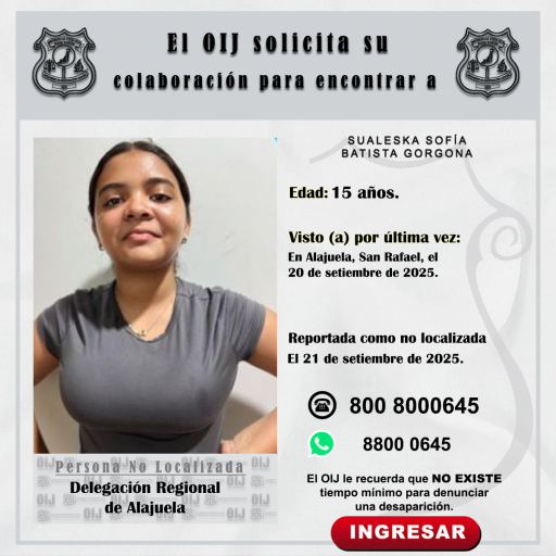 No localizada OIJ Alajuela: Sualeska Sofía Batista Gorgona