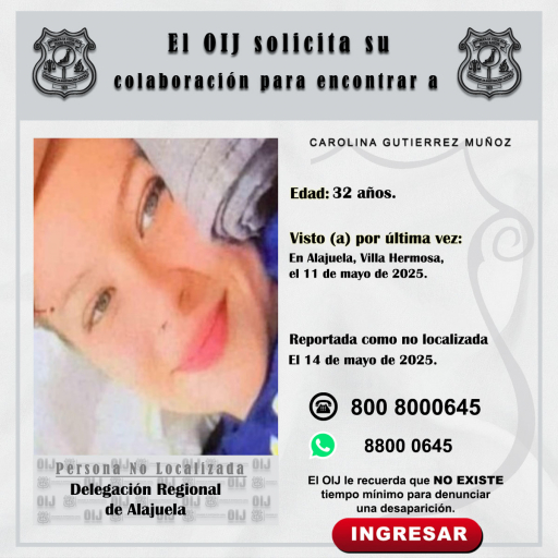 No localizada OIJ Alajuela: Carolina Gutiérrez Muñoz