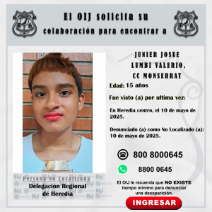 No localizado OIJ Heredia: Junier Josue Lumbi Valerio, CC: Monserrat