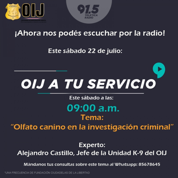 “Olfato canino en la investigación criminal”, es el tema del programa de Radio "OIJ a tu servicio"