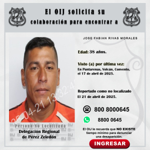 No localizado OIJ Pérez Zeledón: Jose Fabián Rivas Morales
