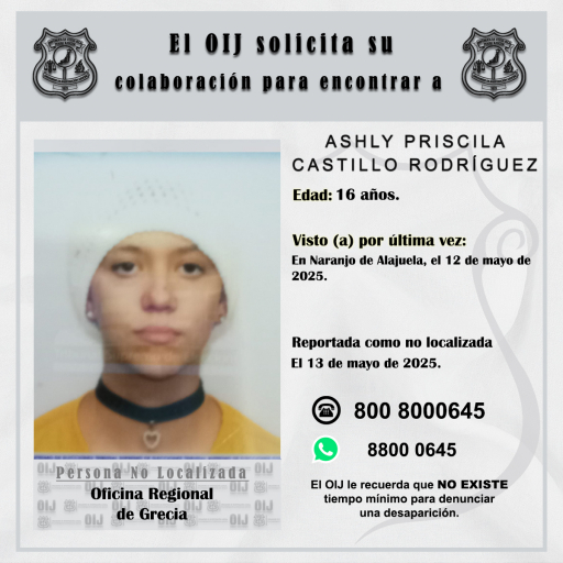 No localizada OIJ Grecia: Ashly Priscila Castillo Rodríguez