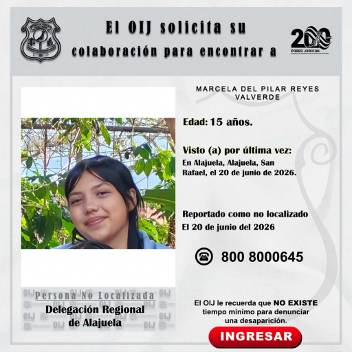 No localizada OIJ Alajuela: Marcela del Pilar Reyes Valverde