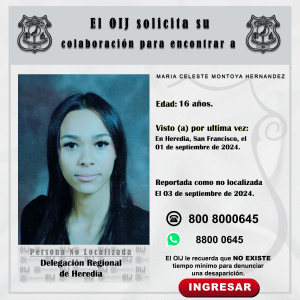 No localizada OIJ Heredia: María Celeste Montoya Hernández