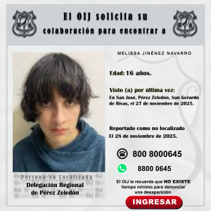 No localizada OIJ Pérez Zeledón: Melissa Jiménez Navarro