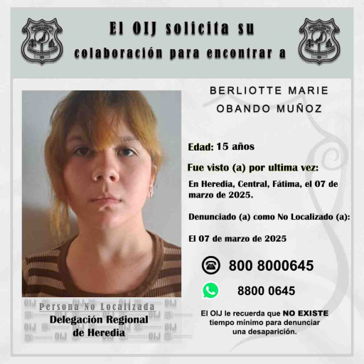 No localizada OIJ Heredia: Berliotte Marie Obando Muñoz