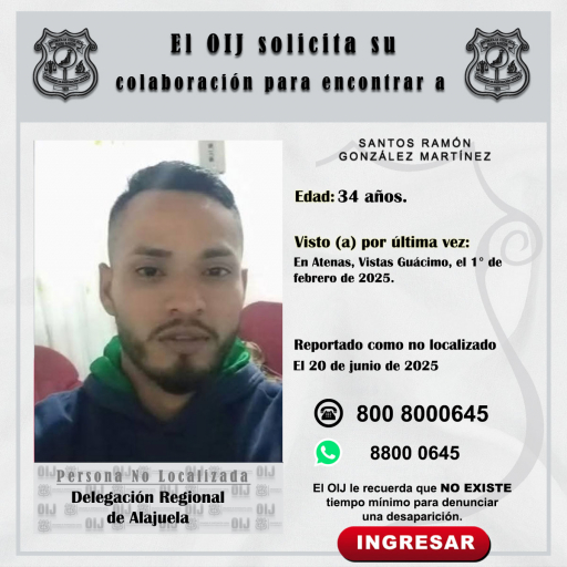 No localizado OIJ Alajuela: Santos Ramón González Martínez
