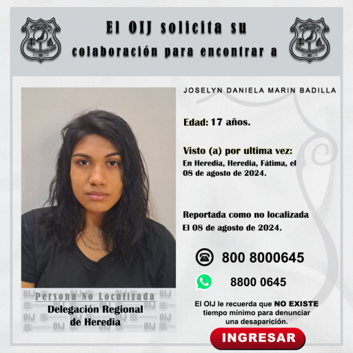 No localizada OIJ Heredia: Joselyn Daniela Marín Badilla