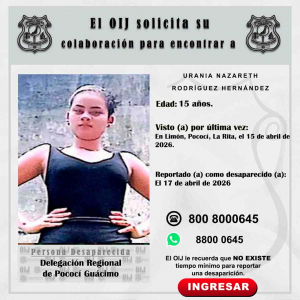 Desaparecida OIJ Pococí Guácimo: UraniaNazareth Rodríguez Hernández