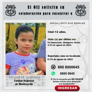 No localizada OIJ Monteverde: Jerica Lizeth Diaz Morales