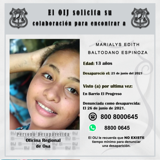 Desaparecida OIJ Osa: Marialys Edith Baldotano Espinoza