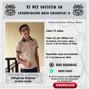 No localizado OIJ San Carlos: Pablo Andrés Varela Mena