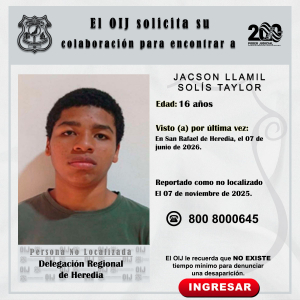 No localizada OIJ Heredia: Jacson Llamil Solís Taylor