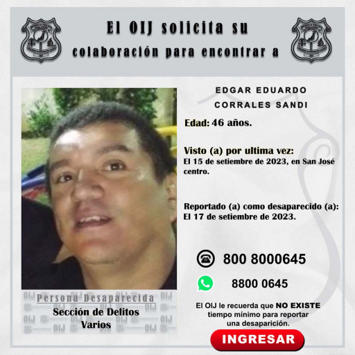 Desaparecido OIJ San José: Edgar Eduardo Corrales Sandi
