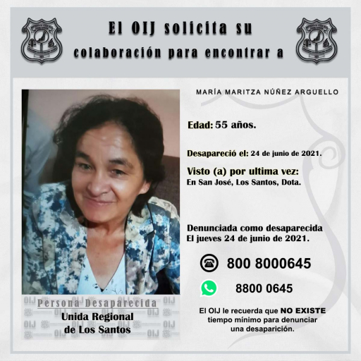 Desaparecida OIJ Los Santos: María Maritza Nuñez Arguello