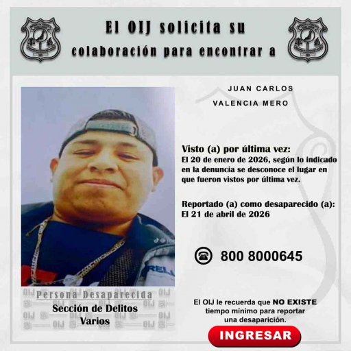 Desaparecido OIJ San José: Juan Carlos Valencia Mero