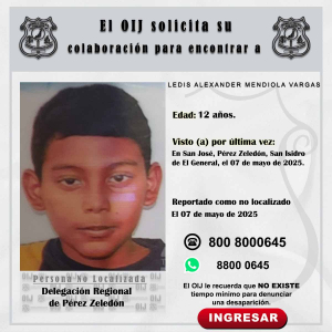 No localizado OIJ Pérez Zeledón: Ledis Alexander Mendiola Vargas