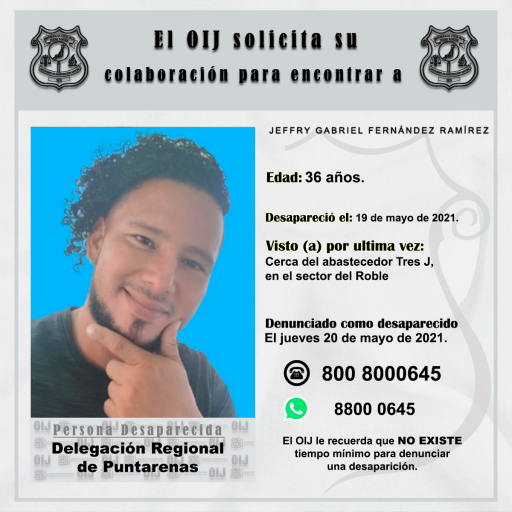 Persona desaparecida OIJ Puntarenas: Jeffry Gabriel Fernández Ramírez