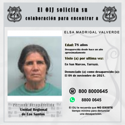 Desaparecida OIJ Los Santos: Elsa Madrigal Valverde