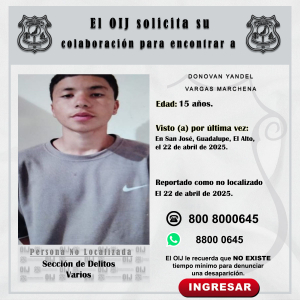 No localizado OIJ San José: Donovan Yandel Vargas Marchena