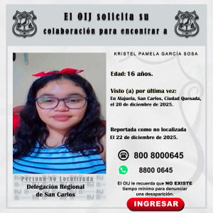 No localizada OIJ San Carlos: Kristel Pamela García Sosa