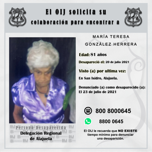 Desaparecida OIJ Alajuela: María Teresa González Herrera