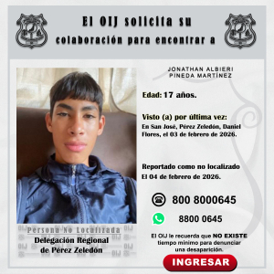 No localizado OIJ Pérez Zeledón: Jonathan Abieri Pineda Martínez