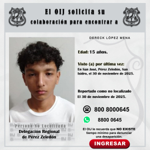 No localizado OIJ Pérez Zeledón: Dereck López Mena