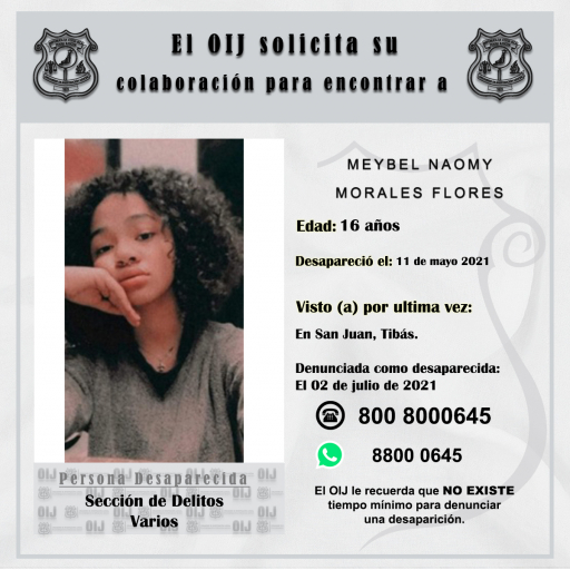 Desaparecida OIJ San José: Meybel Naomy Morales Flores