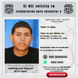 No localizado OIJ La Unión: Santiago Yoel Leitón Trigueros