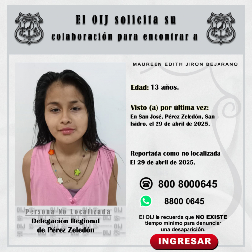 No localizada OIJ Pérez Zeledón: Maureen Edith Jirón Bejarano