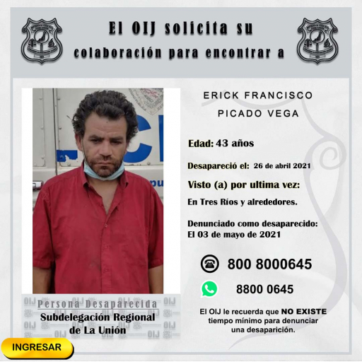 Desaparecido OIJ La Unión: Erick Francisco Picado Vega