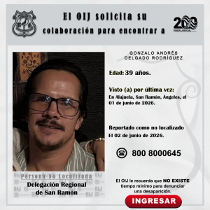 No localizado OIJ San Ramón: Gonzalo Andrés Delgado Rodríguez