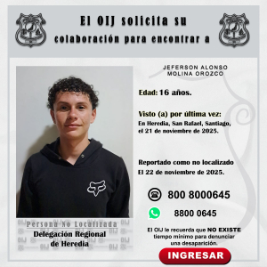 No localizado OIJ Heredia: Jeferson Alonso Molina Orozco