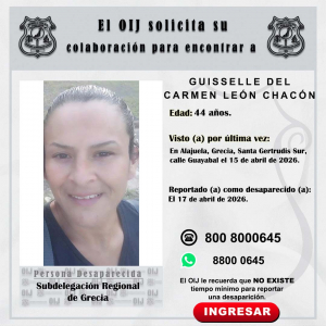 Desaparecida OIJ Grecia: Guisselle del Carmen León Chacón