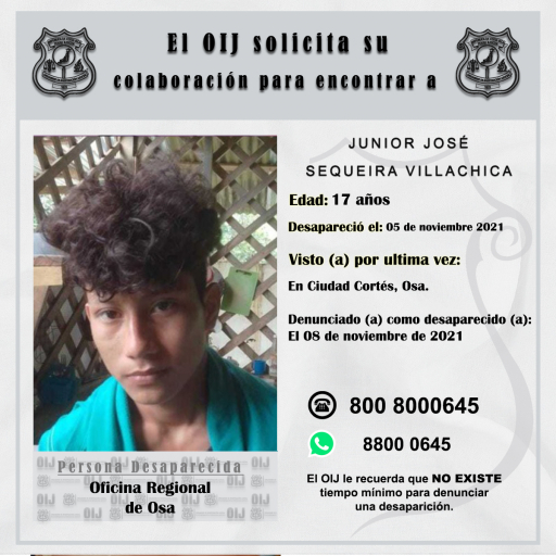 Desaparecido OIJ Osa: Junior Jose Sequeira Villachica