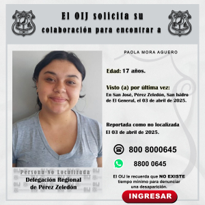 No localizada OIJ Pérez Zeledón: Paola Mora Aguero