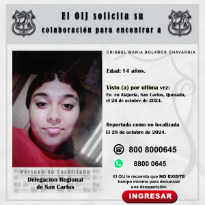 No localizada OIJ San Carlos: Crisbel María Bolaños Chavarría