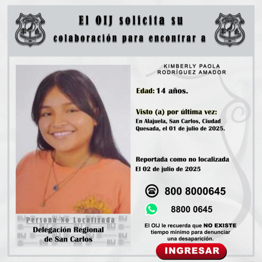 No localizada OIJ San Carlos: Kimberly Paola Rodríguez Amador