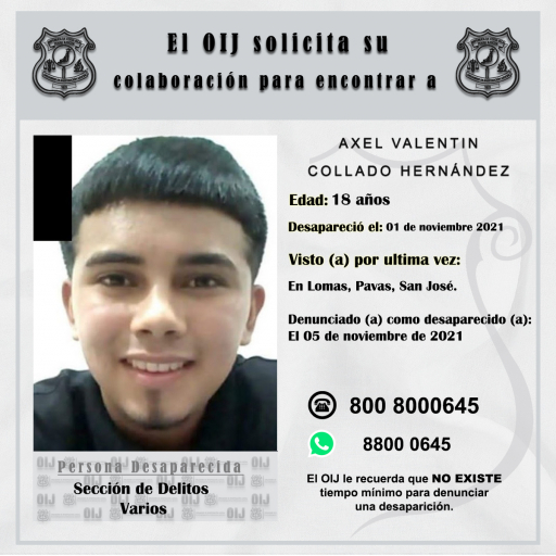 Desaparecido OIJ San José: Axel Valentin Collado Hernandez